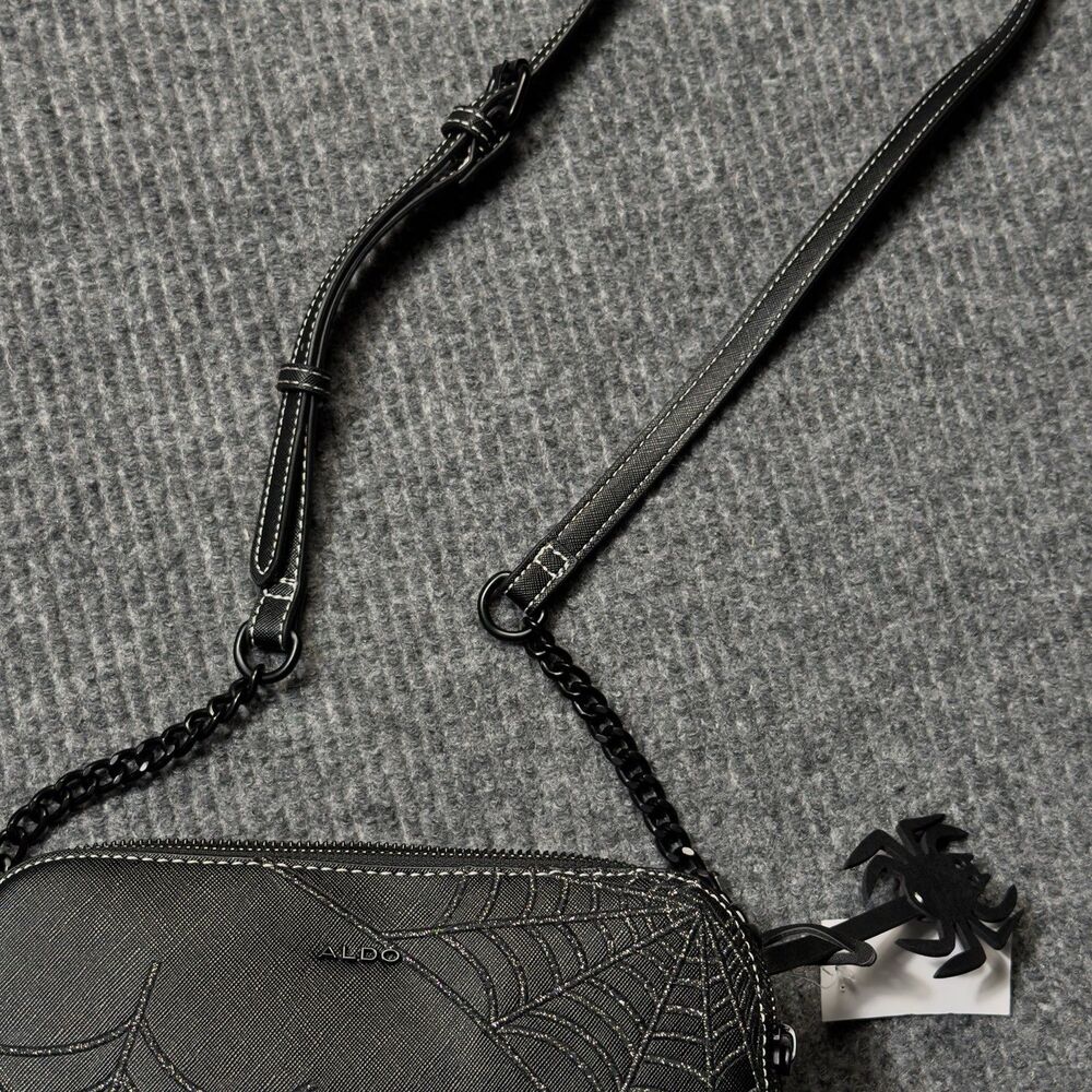 Aldo Black Silver Spider Web Purse Crossbody Bag Spider Charm Halloween Goth NEW - Picture 4 of 12